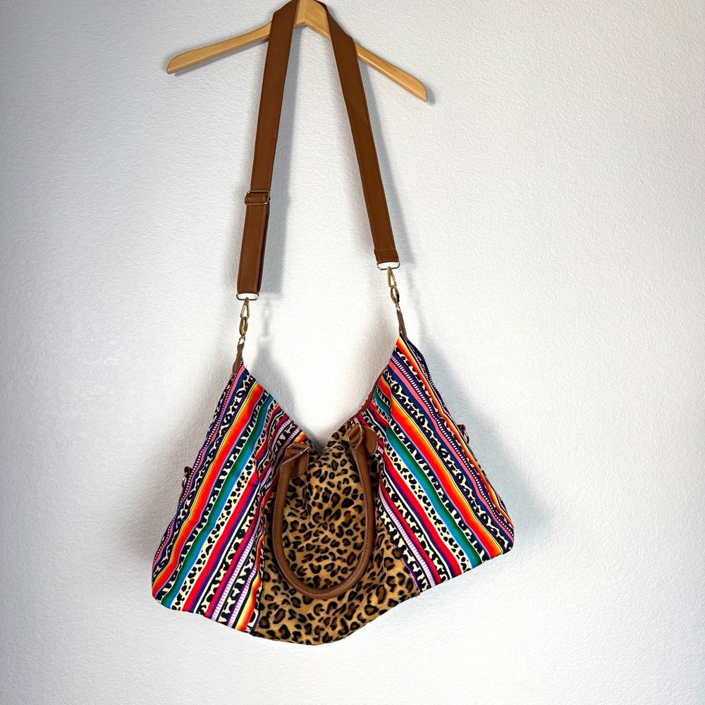 Large Leopard Print Multicolor Stripe Tote Bag Shoulder Purse Brown Faux Leather